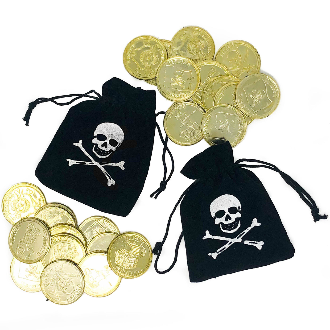 12 Count Pirate Drawstring Bags with Gold Coins - Pirate Party Supplies