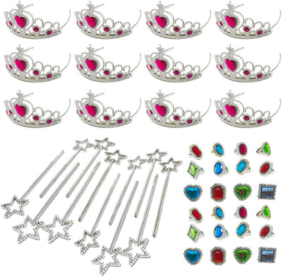 48 Piece Princess Jewelry Accessory Toy Pretend Play Set - Tiaras, Princess Wands, Jeweled Rings