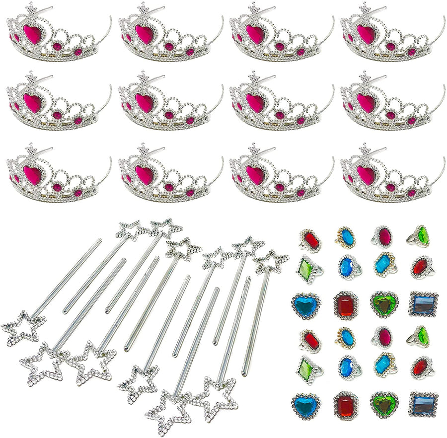 48 Piece Princess Jewelry Accessory Toy Pretend Play Set - Tiaras, Princess Wands, Jeweled Rings