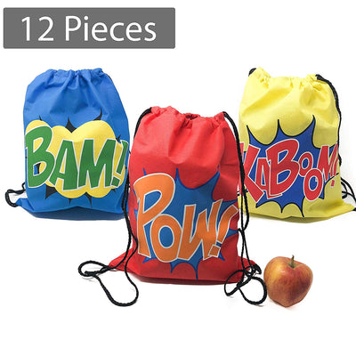12 Superhero Drawstring Bag Party Supplies - Superhero Party Favors