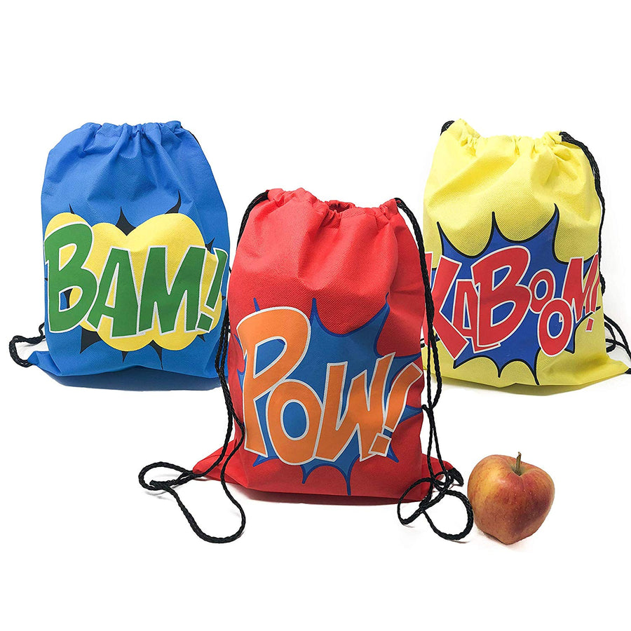 12 Superhero Drawstring Bag Party Supplies - Superhero Party Favors