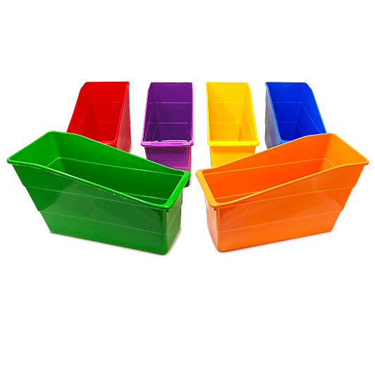 Book, Folder, File, Binder, and Magazine Holder - Vertical File Organizer for Home or Classroom - 6 Pack Multicolor Book Bins with Handle - Book Holder for Desk and Shelves