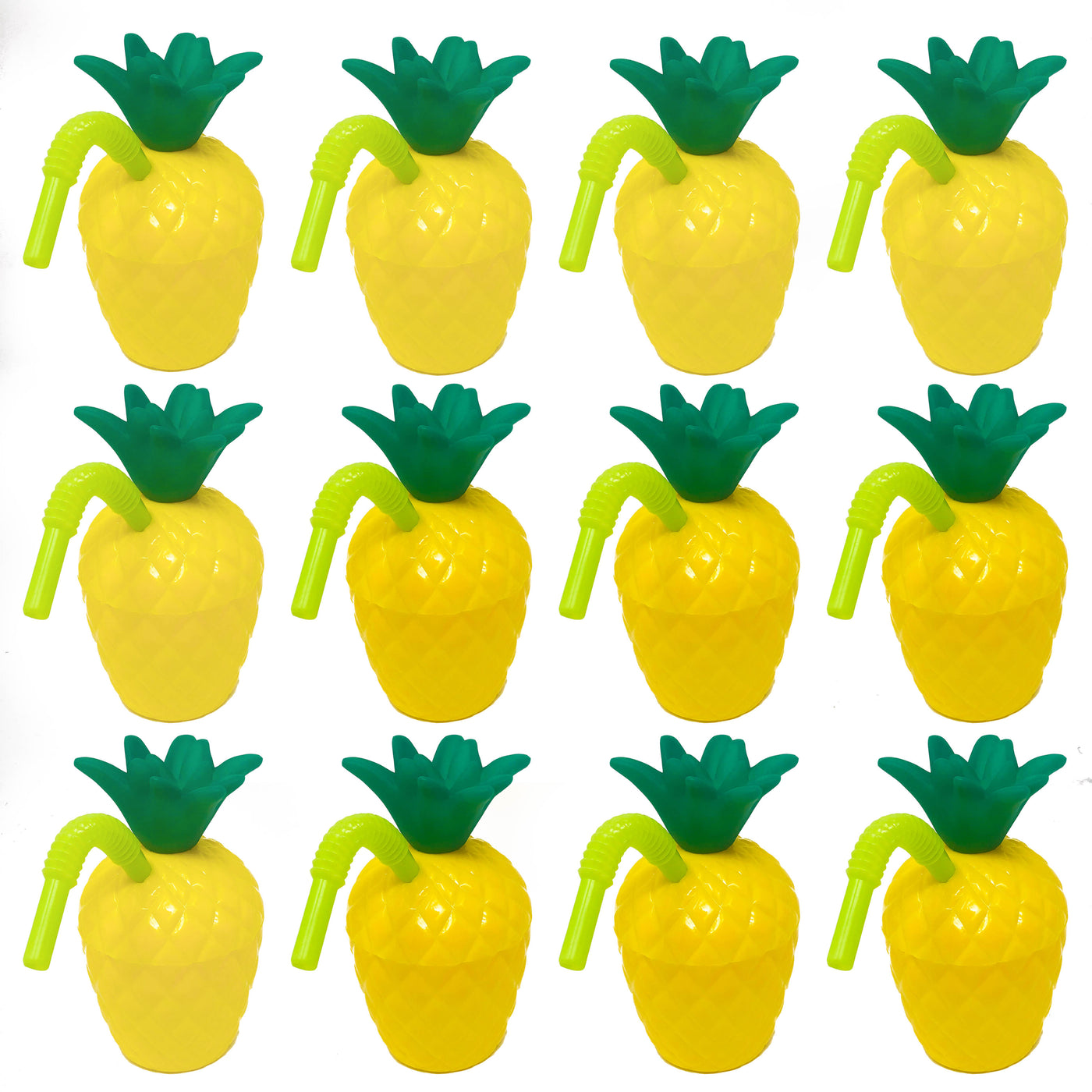 12 Pack Hawaiian Tropical Luau Party Plastic Pineapple Cup with Straw