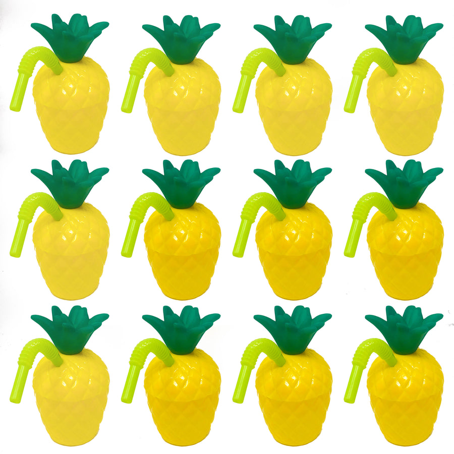 12 Pack Hawaiian Tropical Luau Party Plastic Pineapple Cup with Straw